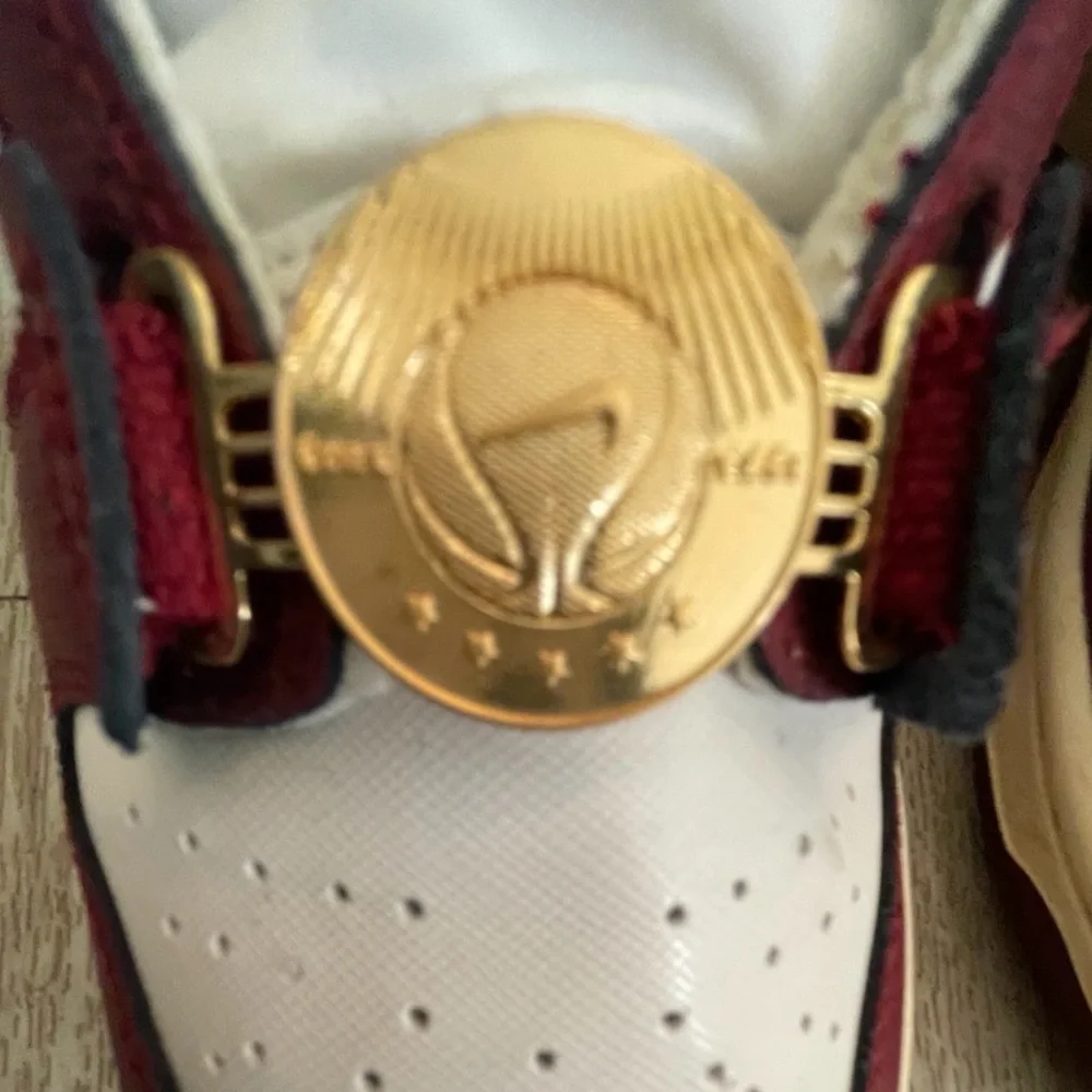 Nike Women’s White and Burgundy Sneakers with Gold Accents